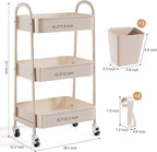 3 Tier Khaki Metal Utility Rolling Cart, Storage Cart with Handle and Lockable Wheels, Multifunctional Organizer Trolley with Mesh Storage Baskets for Kitchen, Office, Living Room, Laundry, Garage