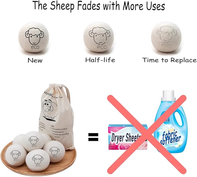 6-Pack Wool Dryer Balls Reusable Laundry Balls for Dryer Natural Fabric Softeners and Wrinkle Release, Organic and Eco Wool Dryer Ball for Pet Hair Removal, Dryer Sheets, Drying Ball