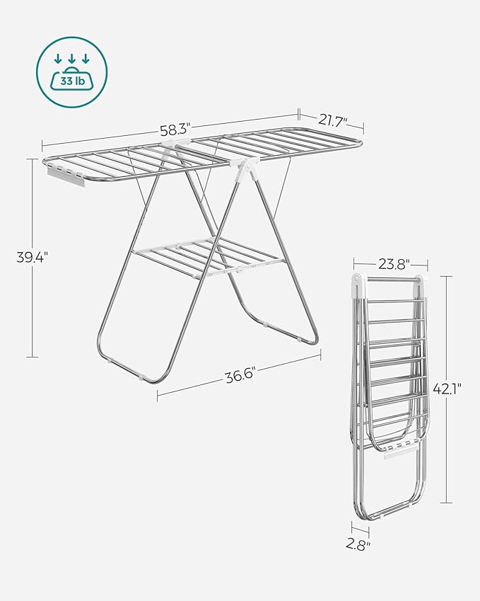 SONGMICS Clothes Drying Rack, with Sock Clips, Metal Laundry Rack, Foldable, Space-Saving, Free-Standing Airer, with 2 Height-Adjustable Gullwings, Indoor Outdoor Use, Silver and White ULLR052W01