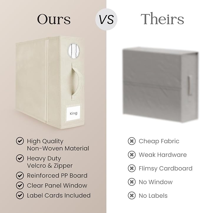 6 Pack Bed Sheet Organizer and Storage, Foldable Storage Bed Sheet Organizer for Linen Closet with Viewing Window & Label for Bedding Sheets & Blankets (Queen & King Size) Cream