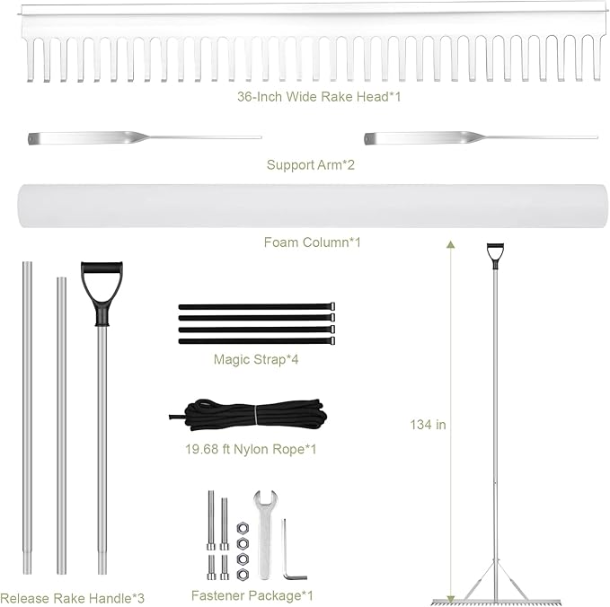 Landscape Rake, 36" Aluminum Heavy Duty Lake Weed Rake, Multifunctional Detachable Aquatic with 134'' Extension Handle & 20Ft Rope, for Weed Algae Removal Loosening Soil Lawn Garden Care