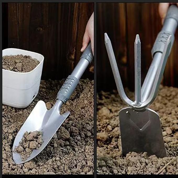 3-Piece Garden Hand Tool Set, Ergonomic Handles, Includes Trowel, Rake and Cultivator, Gray