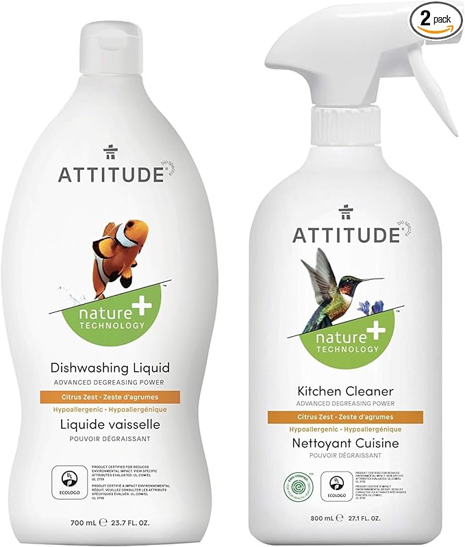 Bundle of ATTITUDE Kitchen Cleaner, EWG Verified, Advanced Degreasing Power, Plant and Mineral-Based, Vegan, Citrus Zest, 27.1 Fl Oz + Dishwashing Liquid, Citrus Zest, 23.7 Fl Oz