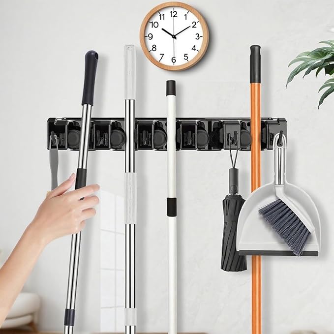 Broom Holder Wall Mount, 2 Packs Heavy Duty Cleaning Supplies Organizer, Garden Tool & Utility Closet with Hook, Mop & Broom Hook Wall Mounted for Bathroom, Garage, Kitchen, Laundry (White-2pcs)
