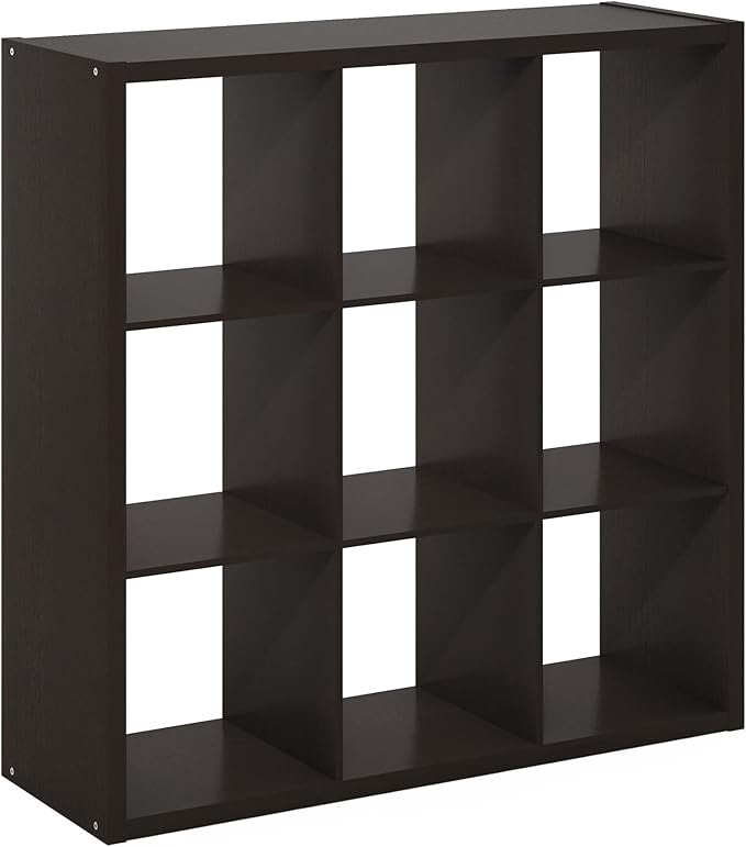 Furinno Cubicle Open Back Decorative Cube Storage Organizer, 9-Cube, Black Dark Oak
