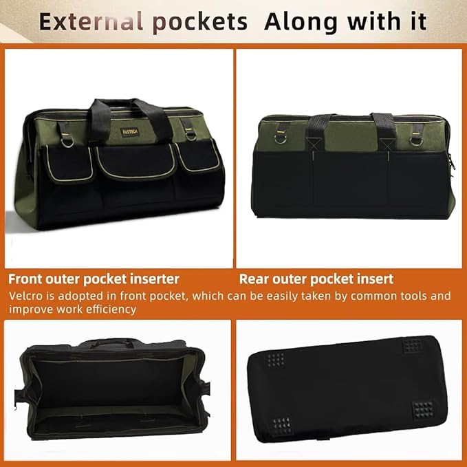 FASTECH 22-inch Wide Mouth Tool Bag with Water Proof Molded Base, Wide Mouth Tool Tote Bag, Waterproof Tool Organizer Bag for Men with Adjustable Shoulder Strap(No Bottom Shell)