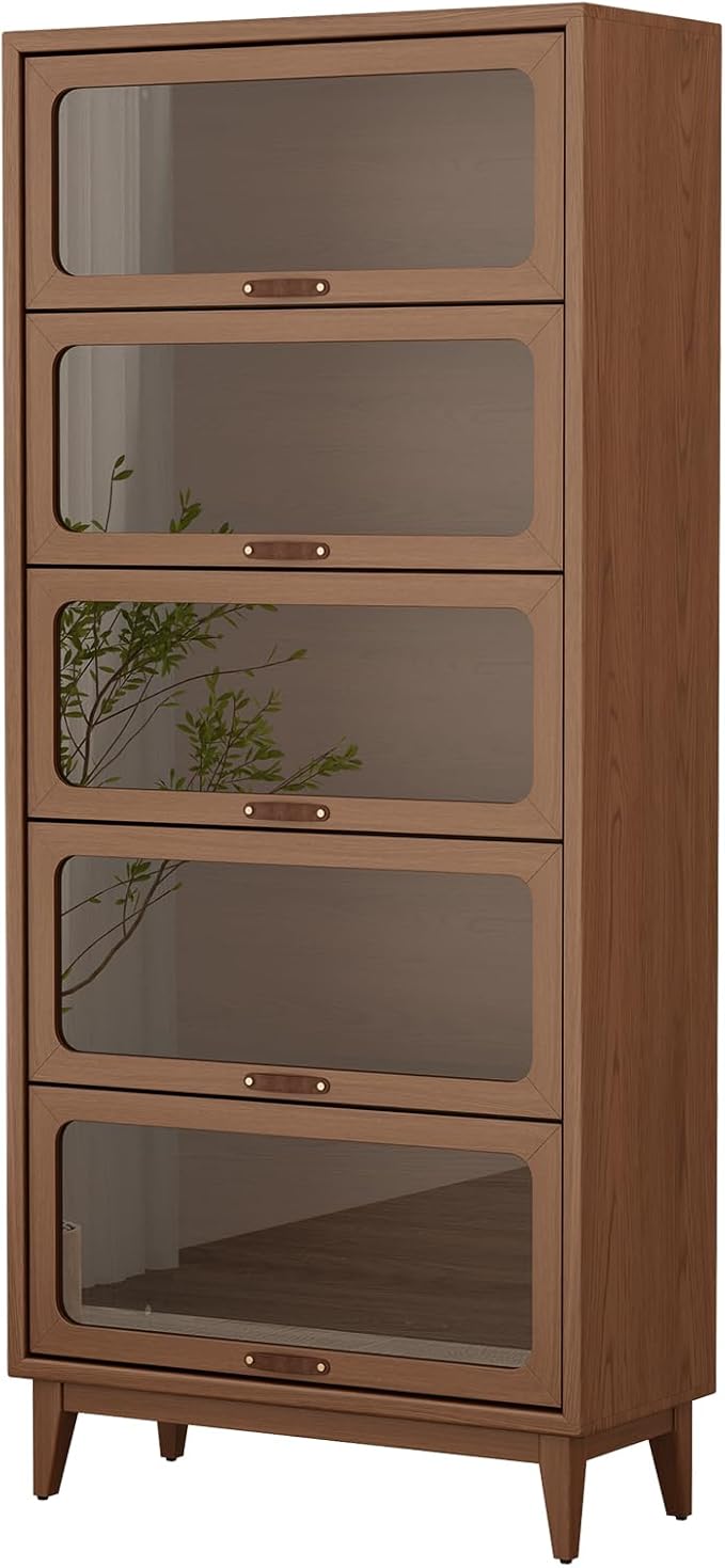 Solid Wood bookcase 5 Tier with Tempered Glass Flip-Up doors, 72Hx13.7Dx32W"Bookshelves Finish Cube Storage Organizer,Bookshelf Versatile Pantry Cabinet with Storage for Kitchen Home Office