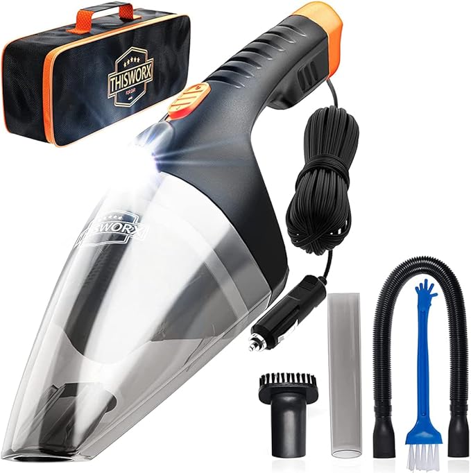 ThisWorx Car Vacuum Cleaner 2.0, Portable Handheld Mini Vacuums Cleaner W/ 16ft Cord, LED Light, Bag, & Attachments- Small Vac for RV, Boats, Travel, Car Accessories, Lightweight