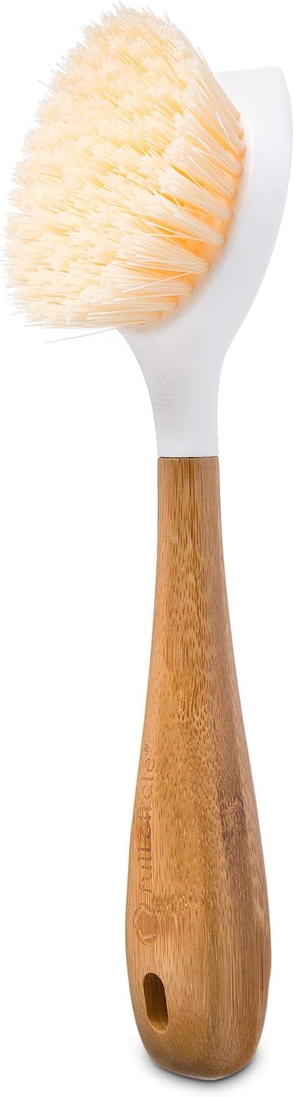 Full Circle Be Good Bamboo Handle Dish Brush – Sustainable Kitchen Cleaning with Tough Bristles - Natural Dish Scrubber & Cast Iron Cleaner - Long Handle Brush for Dishes, Pots, and Pans, White