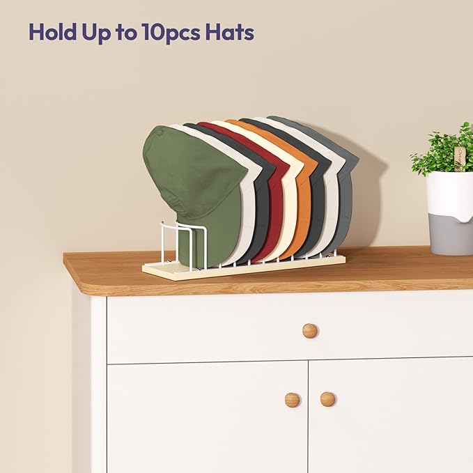 SWTYMIKI Hat Stand for Baseball Caps - Wood & Metal Tabletop Hat Organizer Storage Display Rack, Holds up to 10 Caps for Desk, Closet Shelf, Dresser (White)