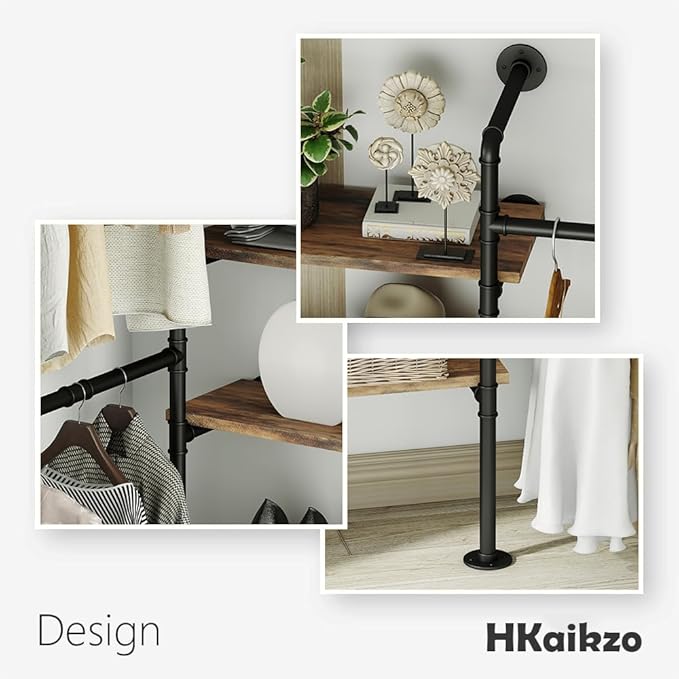 Industrial Pipe Clothes Rack, DÉCOR Wall Mounted Clothing Rack, for Walk-in Wardrobe Multi-Purpose Storage Clothes Hanging Shelf, 2 Installation Methods