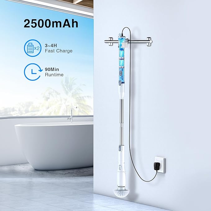 LABIGO Electric Spin Scrubber LA3 Pro, Cordless Bathroom Scrubber with 5 Replacement Head, 3 Adjustable Angle, Household Power Cleaning Brush with Extension Arm for Bathtub Window Car Grout Tile Floor