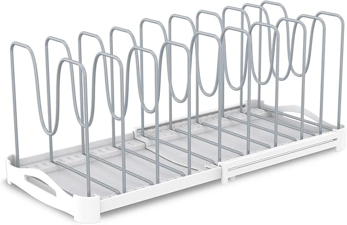 EVERIE Adjustable Bakeware Organizer Pot Lid Holder Rack for Pots, Cake Molds, Cutting Boards, Mats, Cookware, GS02SS, 7.7'' Deep by 12.6'' to 21.5'' Wide