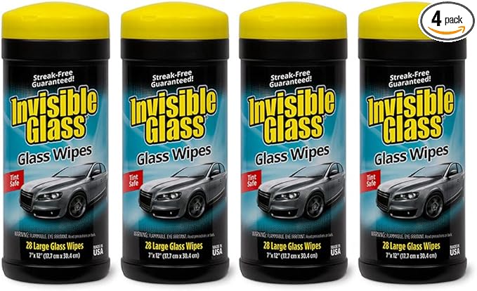 Invisible Glass 90166-4PK Large Glass Cleaning Wipes for Streak-Free Windows, Mirrors, and Glass, Lint-Free, Ammonia-Free, Tint-Safe, for Home and Auto, Canister, 28 Wipes, Pack of 4