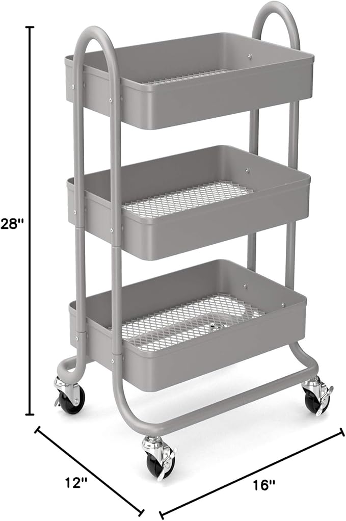 KoolerThings 3-Tier Rolling Metal Storage Organizer - Mobile Utility Rolling Storage Cart, Kitchen Cart with Caster Wheels (Grey)