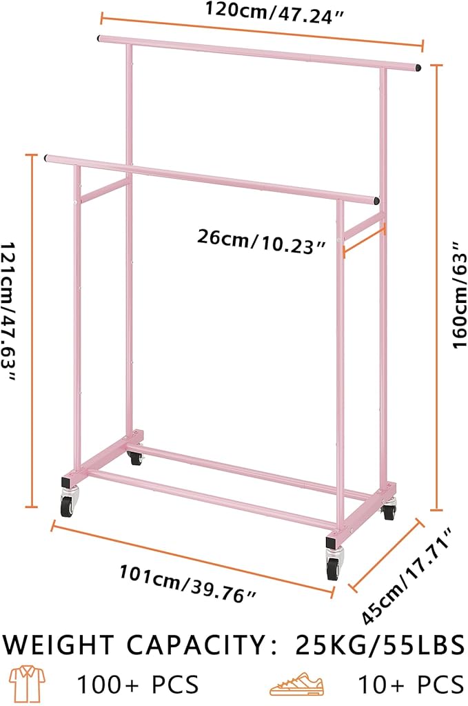 Calmootey Double Rod Clothing Garment Rack,Rolling Hanging Clothes Rack,Portable Clothes Organizer for Bedroom,Living Room,Clothing Store,Pink