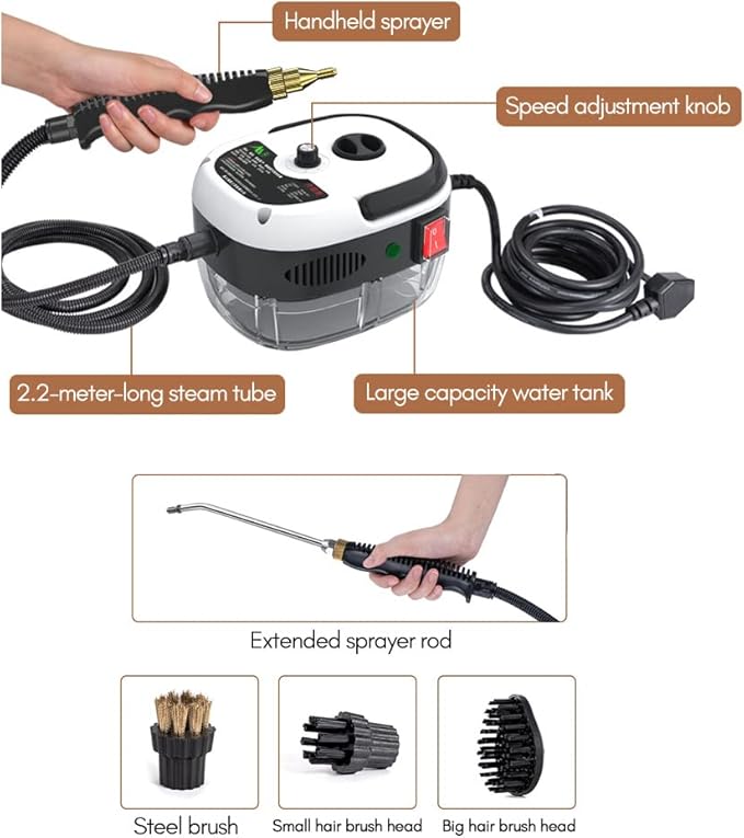 Irishom 2500W Handheld Steam Cleaner High Temperature Pressurized Steam Cleaning Machine Portable Car Steamer with Brush Heads (White)