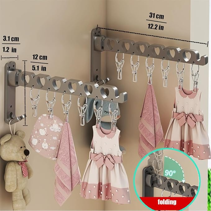 Wall Mounted Clothes Drying Rack,Foldable Laundry Coat Organizer,Retractable Folding Indoor&Outdoor Wall Mount Hanger for Laundry Room Bedroom,Perfect for Small Spaces (Space Gray, 2 Pieces)