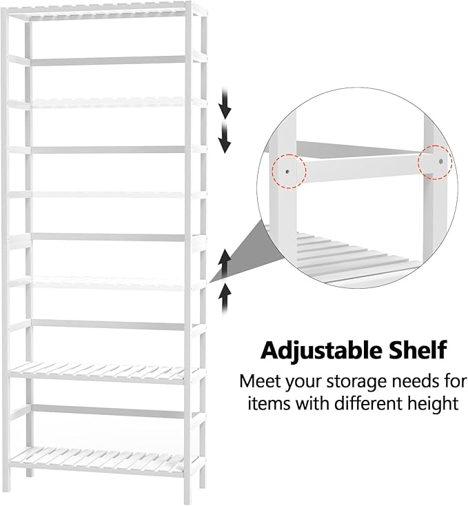 VASMIA 6-Tier Bamboo Shelf,Bamboo Storage Shelving Unit,Tall Bookcase with Adjustable Shelves,Multipurpose Storage Display Shelf for Bathroom, Living Room, Balcony, Kitchen,White