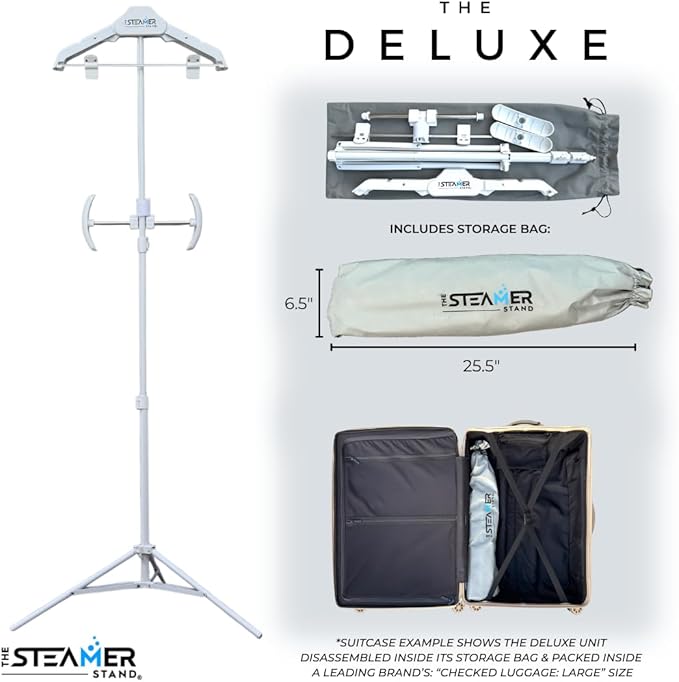 Deluxe | Adjustable Standing Garment Steaming Rack with Hanger | Fast, Foldable, Portable Clothes Steam Ironing Solution for Travel & Home