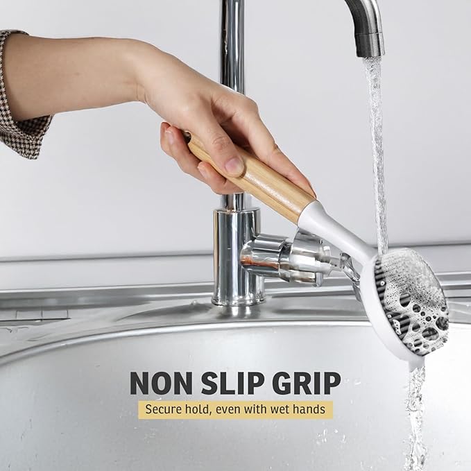 Bamboo Dish Brush with Handle – Wooden Scrub Brush for Cast Iron, Sink, Pots & Dishes – Kitchen Dish Washing Brush with Nylon Bristles – Durable Dish Scrubber for Cleaning