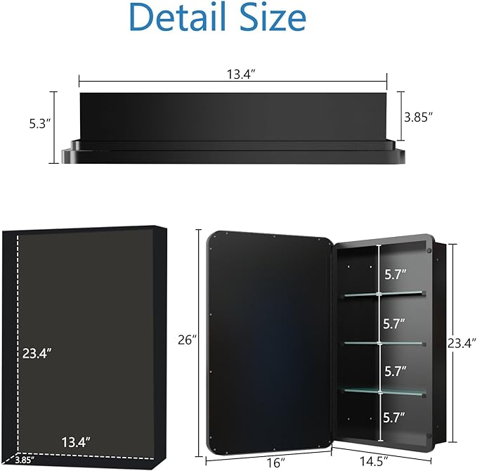 Bathroom Medicine Cabinet with 16"x26" Stainless Steel Framed Mirror,Recessed or Surface Mounted Bathroom Mirror Cabinet,Storage Cabinet for Bathrooms, Guest Rooms, Apartments, Farmhouse Decor