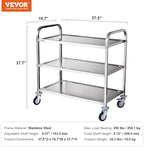 VEVOR Kitchen Utility Cart, 37.5"x19.7"x37.7" 3 Tiers Wire Rolling Cart, 450LBS Capacity Steel Service Cart with Brake Wheels, Storage Trolley with 80mm Basket PP Liner 6 Hooks, Indoor & Outdoor Use