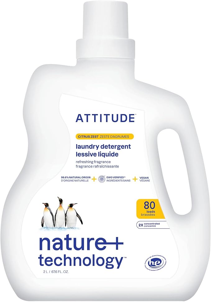 ATTITUDE Liquid Laundry Detergent, EWG Verified, HE Compatible, Plant-Based & Vegan, Natural Laundry Soap, Citrus Zest, 80 Loads, 67.6 Fl Oz