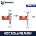 Drywall Anchors and Screws Kit, 100 Pcs Self Drilling Drywall Anchors, 50 Pcs Zinc Sheetrock Anchors and 50 Pcs #8 x 1-1/4" Metal Screws, Heavy Duty Wall Anchors, 75 Lbs Hanging Mounting