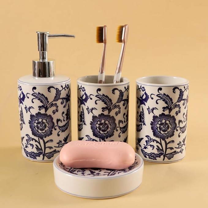 Chinese Blue and White Porcelain Bathroom Set – 4-Piece Ceramic Bath Accessory Set with Lotion Dispenser, Toothbrush Holder, Tumbler, and Soap Dish