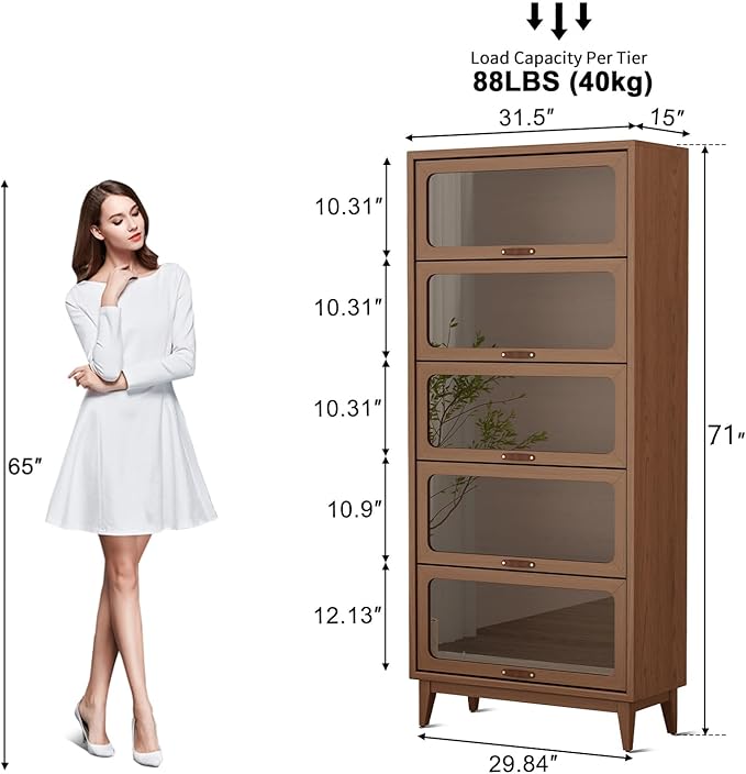 Solid Wood bookcase 5 Tier with Tempered Glass Flip-Up doors, 72Hx13.7Dx32W"Bookshelves Finish Cube Storage Organizer,Bookshelf Versatile Pantry Cabinet with Storage for Kitchen Home Office