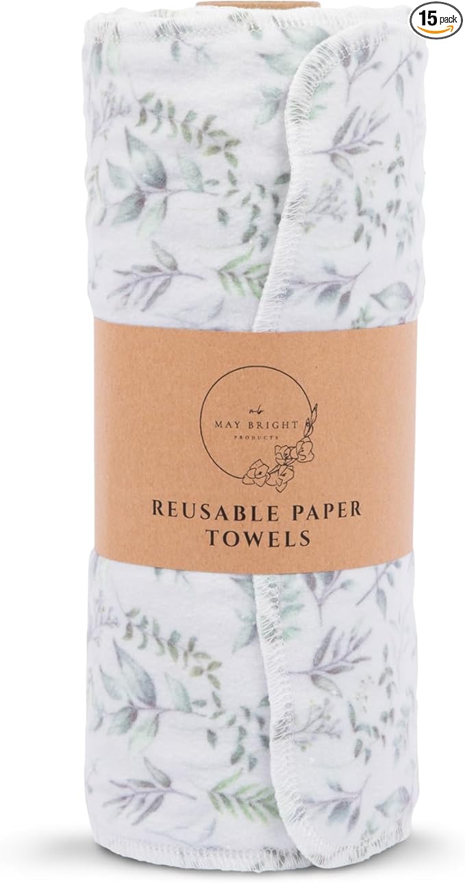 May Bright Reusable Paper Towels 2-Ply Washable Roll - Cloth Paper Towel Replacement - 15 Sheets of Paperless Paper Towels and Reusable Napkins With Greater Absorbency - Zero Waste