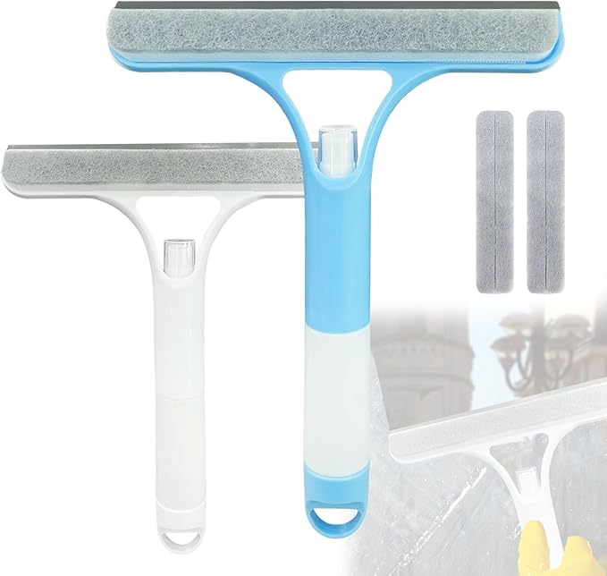 3 in 1 Window Cleaning Scraper,All-Purpose Spray Window Squeegee Cleaner Tool,for Glass Doors for Windows Glass, Mirrors Scraper, Brush (Blue and White)