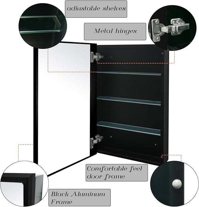 Bathroom Medicine Cabinet with Mirror, Recess or Surface Mount, Single Door Cabinet Famerhouse Bathroom Mirror with Storage Cabinet (Brush Black, 16"x26")