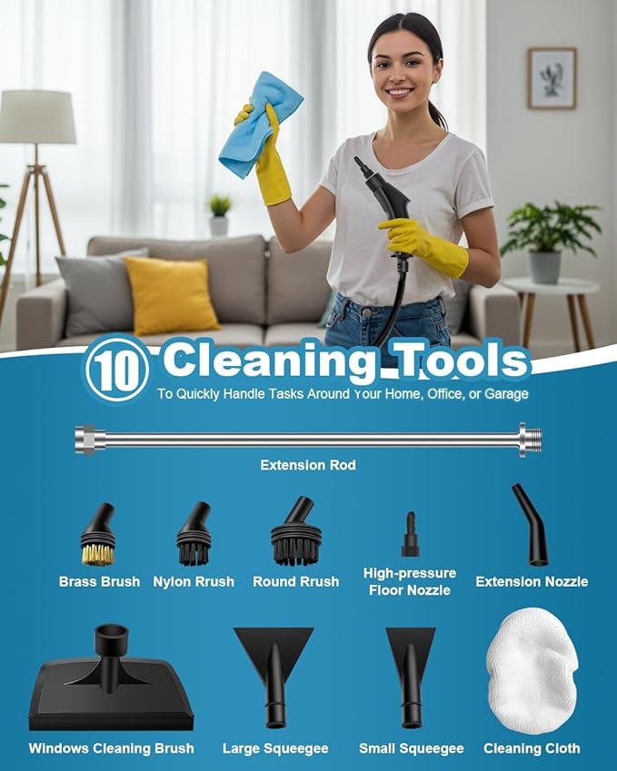Handheld Steam Cleaner, 2500W Powerful 15sec Heat-up Multipurpose Steamer, 3-Level Temp, 37OZ Pressurized Deep Cleaning Steamer with 10 pcs Accessories for Window, Grease, Car, Home