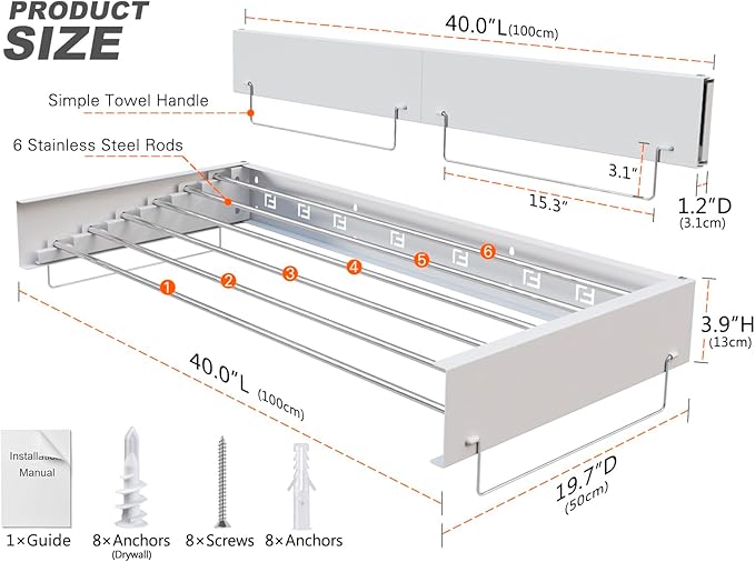 Wall Mounted Laundry Drying Rack - Pull-Out Drying Rack Clothing - 6 Stainless Steel Rods - Collapsible & Hidden for Laundry Room/Bathroom - Heavy Duty & Space Saving (40.0", White)
