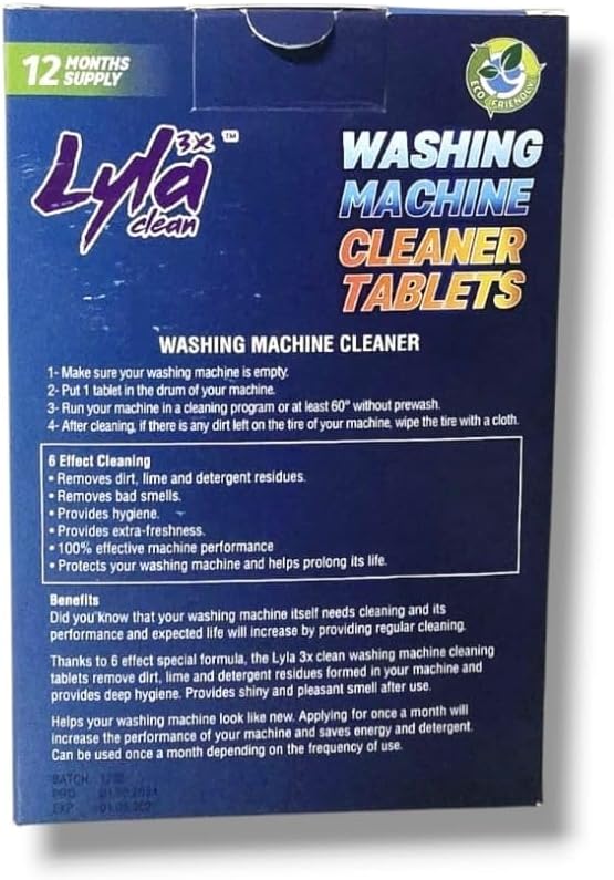 LYLA 3X Washing Machine Cleaner Tablets, 12-pack Deep Cleaning Tablets For HE Front Loader & Top Load Washer,Helps Remove odor, dirt,lime & detergent,Hard Water Buildup – Septic Safe