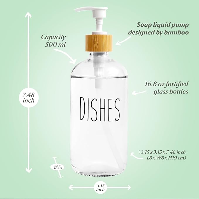 Dish Clear Glass Soap Dispenser with Plastic Pump, 16 Oz Transparent Dish Soap Dispenser Set Refillable Reusable Apothecary Soap Pump Dispenser Bottles for Bathroom and Kitchen