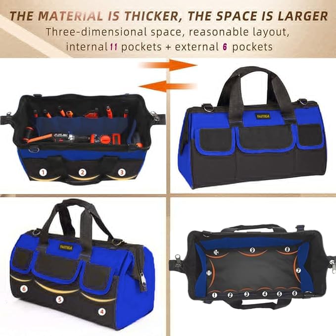 FASTECH 20 Inch Heavy Duty Tool Bag with Wide Mouth for Tool Storage,Carrier and Organizer,Tool Bag for Men/Women, Wide Mouth Tool Bag with Inside Pockets (20 Inch)