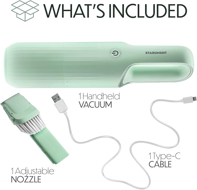 STARUMENT Vacuum Cleaner for Dust, Pet Hair Dirt Home, Car Interior Lightweight, Portable, Handheld, Cordless, Easy to Use, Compact Design Battery Rechargeable with USB-C Cable (Mint Green)