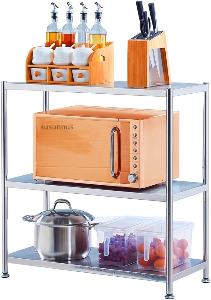 susunnus Stainless Steel Shelves 23.6in-3 Tier, Stainless Steel Shelf Organizer, Kitchen Storage Shelves, Artistic Texture, Pragmatic& Sturdy & Waterproof