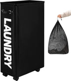 DOKEHOM 29-Inches Enlarged Slim Laundry Basket with Removable Wash Bag on Wheels, Collapsible Rolling Laundry Hamper, Foldable Narrow Corner Clothes Storage Bins (Black)