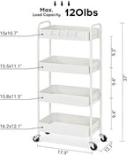 TOOLF 4-Tier Metal Rolling Cart with Wheels, Storage Utility Organizer Cart for Kitchen, Bathroom, Office, Baby Essentials & Makeup - Lockable Casters, Easy Assembly, Large Capacity, White