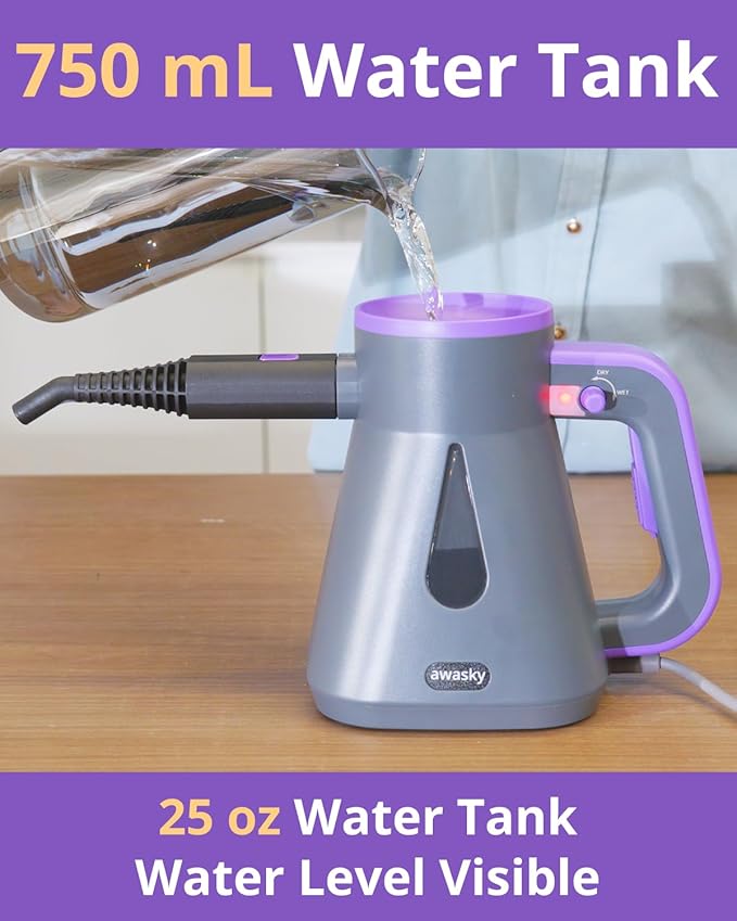 Steam Cleaner Handheld: 1200W Fast 10-Sec Heat-Up-750mL (25oz) Tank-No Cooling-Refill Anytime-Lockable Steam Trigger-14-Piece Kit Hand Held Steamer for Home Car Grout Tile Cleaning Grey