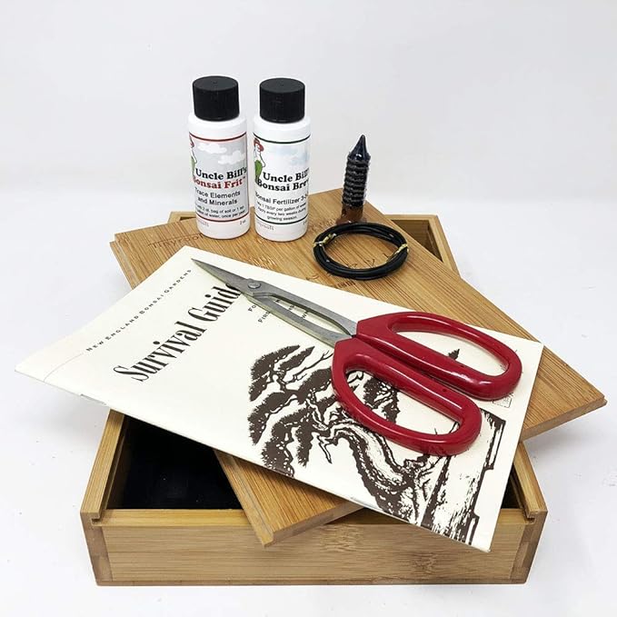 Starter Bonsai Tool Kit - Survival Guide + Set Includes: Butterfly Pruning Shears, Bottle Uncle Bill's Fertilizer, 2 Ounce Frit, Aluminum Wire, Genuine Chinese Mud Figurine - Bamboo Case