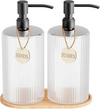 18Oz Kitchen Dish Soap Dispenser Set,Glass Hand Soap Dispenser Bathroom with Wood Tray & Black Stainless Steel Pump,Vertical Stripe Design