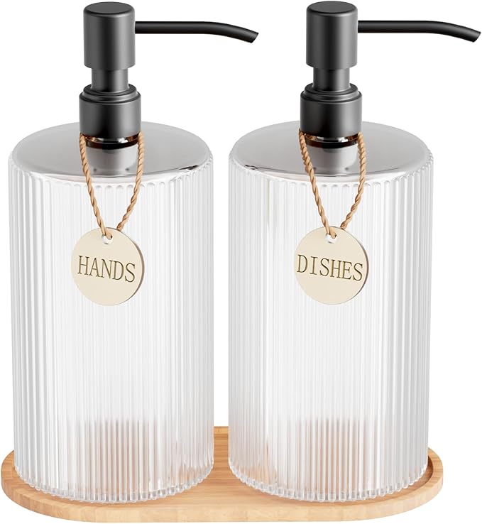 18Oz Kitchen Dish Soap Dispenser Set,Glass Hand Soap Dispenser Bathroom with Wood Tray & Black Stainless Steel Pump,Vertical Stripe Design