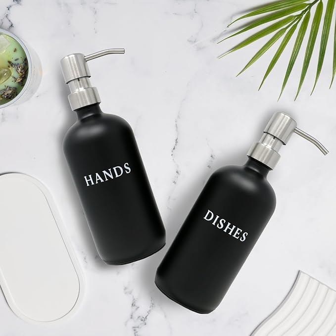 Black Glass Hand and Dish Soap Dispenser Set - Modern Farmhouse Sink Accessories - 16 oz Kitchen Sink Set With Tray, Stainless Pumps & Funnel