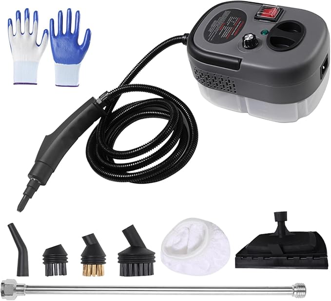 Upgrade Steam Cleaner 1200ML 2500W High Temperature Pressure Handheld Steam Cleaning Machine with Brush Heads and Gloves 7 in 1 for Car Floor Kitchen Bathroom Window Furniture (Gray)