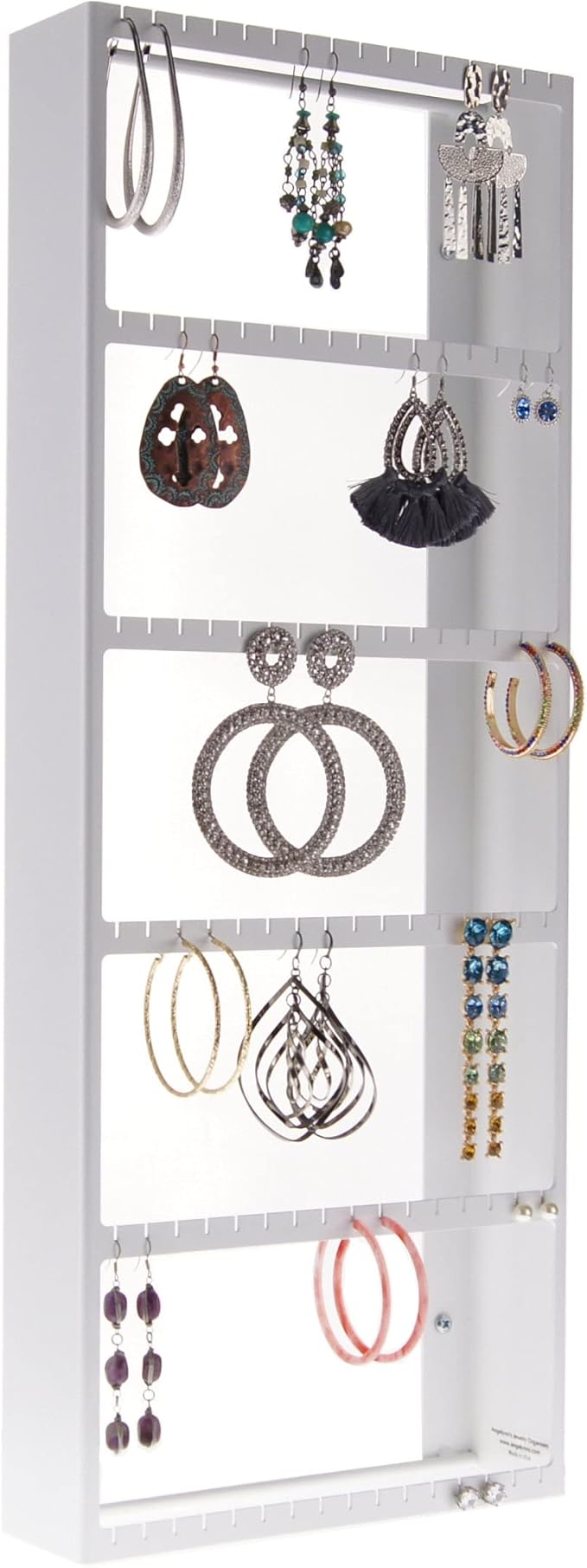 Angelynn's Wall Mounted Big Earring Holder Organizer Display for Women Long Post Stud Large Dangle Hoop Pierced Earrings, Hanging Closet Jewelry Storage Rack, Jennifer White 9"x23"